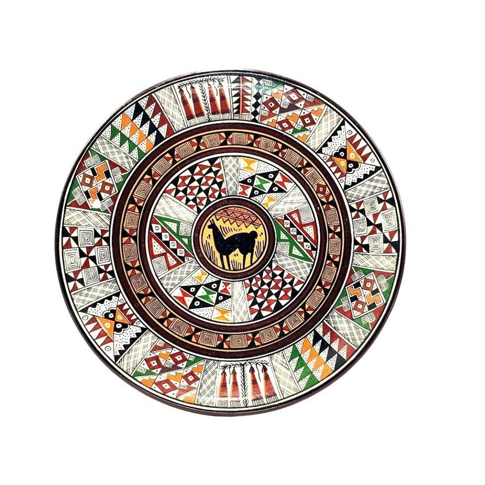 Peruvian Folk Art Llama Display Plate Pisac Cusco Hand Painted Redware Pottery V